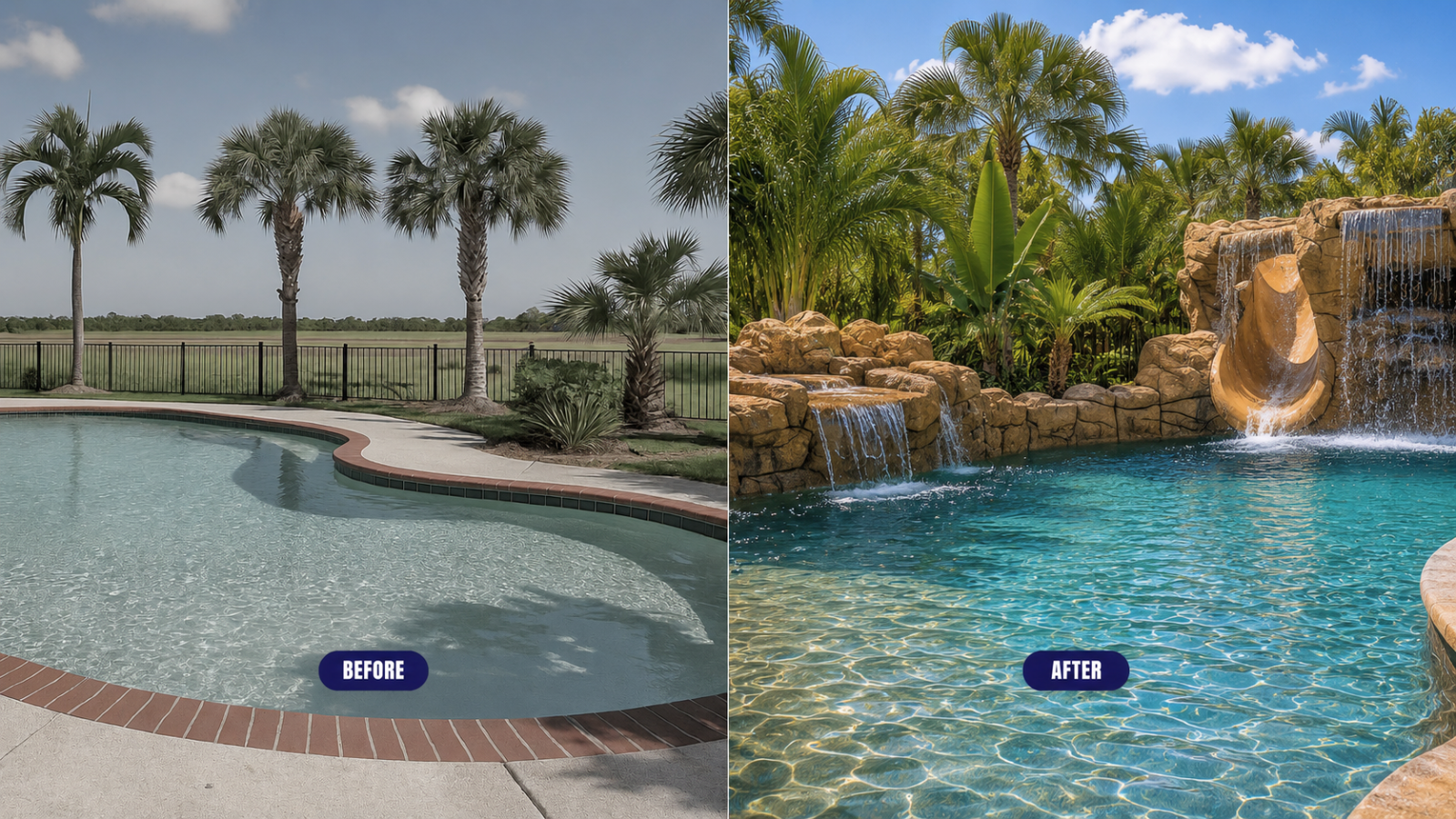 Before and after pool remodel: a plain backyard pool transformed with custom rock waterfalls, grotto and waterslide